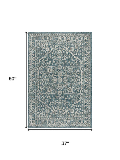 3' X 5' Teal Blue And Gray Medallion Indoor Outdoor Area Rug HomeRoots