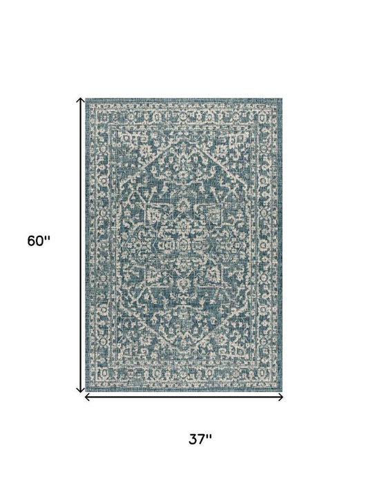 3' X 5' Teal Blue And Gray Medallion Indoor Outdoor Area Rug HomeRoots