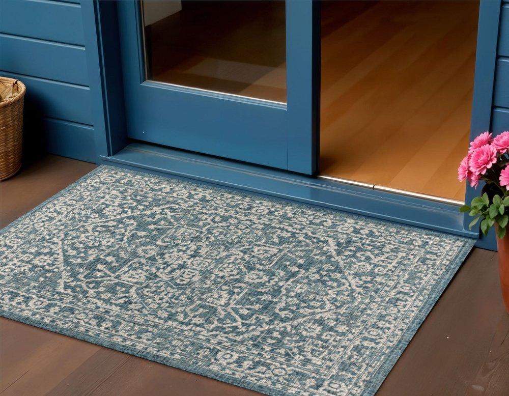 3' X 5' Teal Blue And Gray Medallion Indoor Outdoor Area Rug HomeRoots