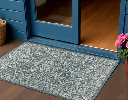 3' X 5' Teal Blue And Gray Medallion Indoor Outdoor Area Rug HomeRoots