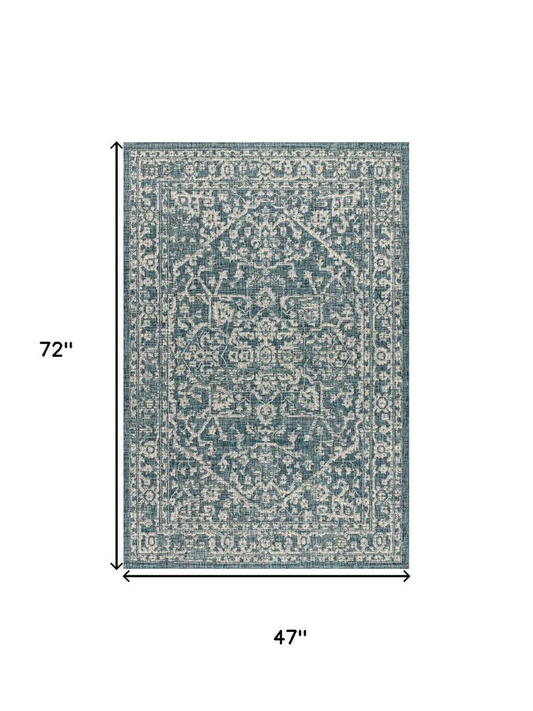 4' X 6' Teal Blue And Gray Medallion Indoor Outdoor Area Rug HomeRoots