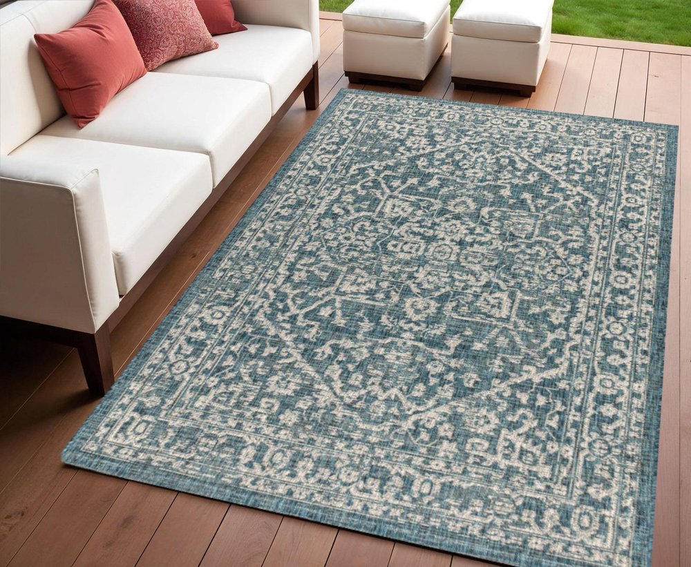 4' X 6' Teal Blue And Gray Medallion Indoor Outdoor Area Rug HomeRoots