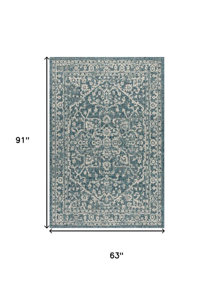 5' X 8' Teal Blue And Gray Medallion Indoor Outdoor Area Rug HomeRoots