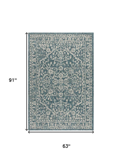 5' X 8' Teal Blue And Gray Medallion Indoor Outdoor Area Rug HomeRoots