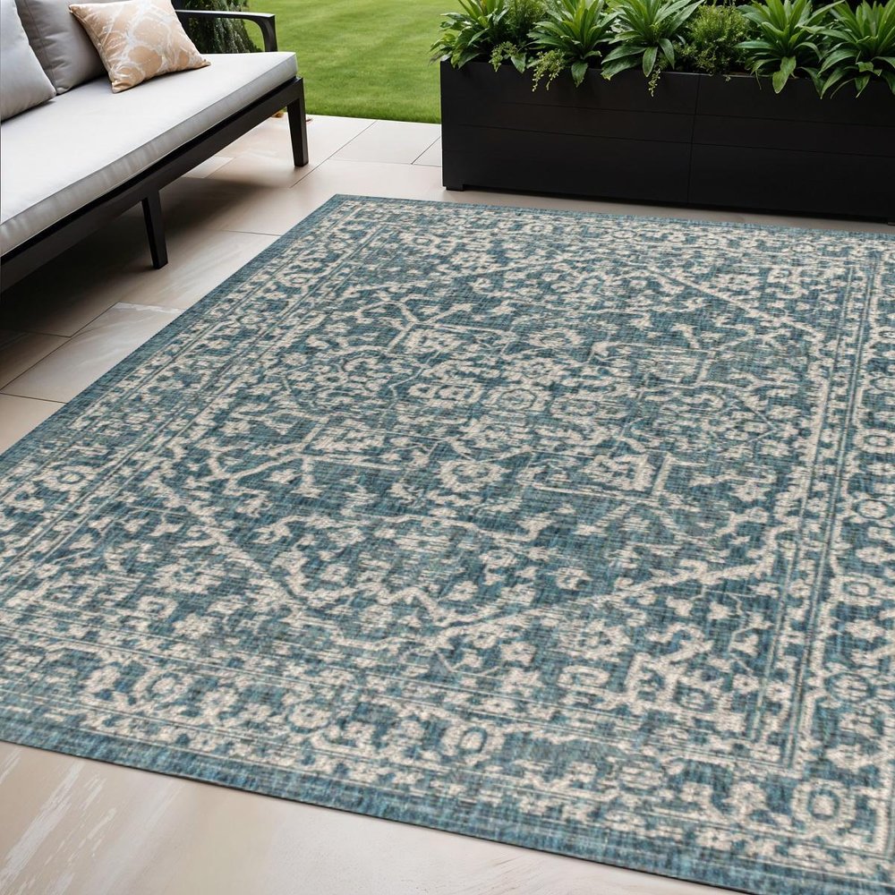 5' X 8' Teal Blue And Gray Medallion Indoor Outdoor Area Rug HomeRoots