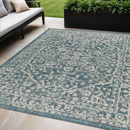 5' X 8' Teal Blue And Gray Medallion Indoor Outdoor Area Rug HomeRoots