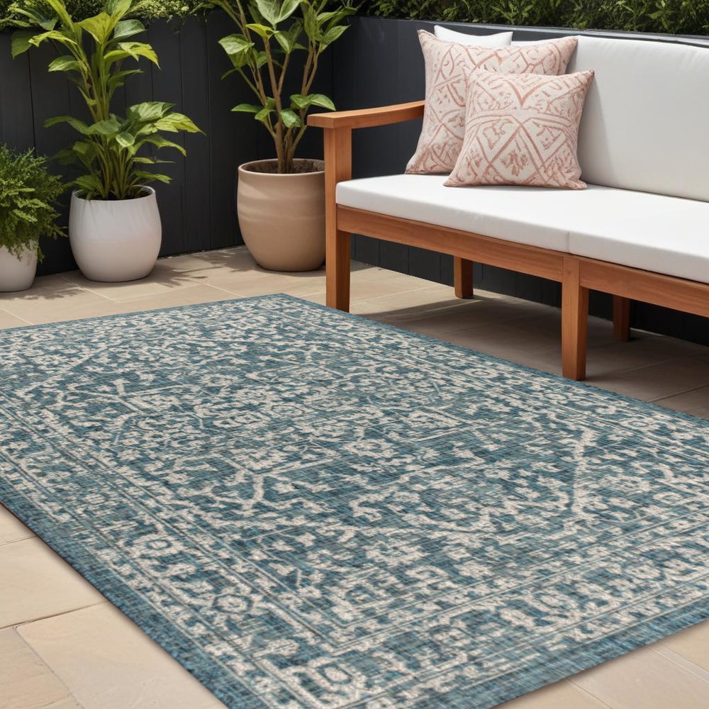 8' X 10' Teal Blue And Gray Medallion Indoor Outdoor Area Rug HomeRoots