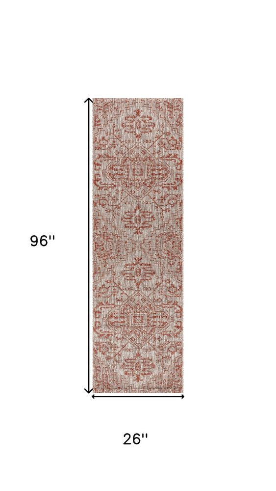 8' Red And Taupe Medallion Indoor Outdoor Runner Rug HomeRoots