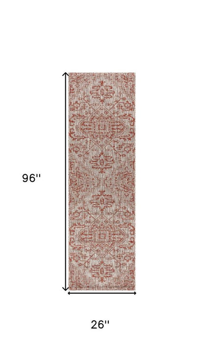 8' Red And Taupe Medallion Indoor Outdoor Runner Rug HomeRoots
