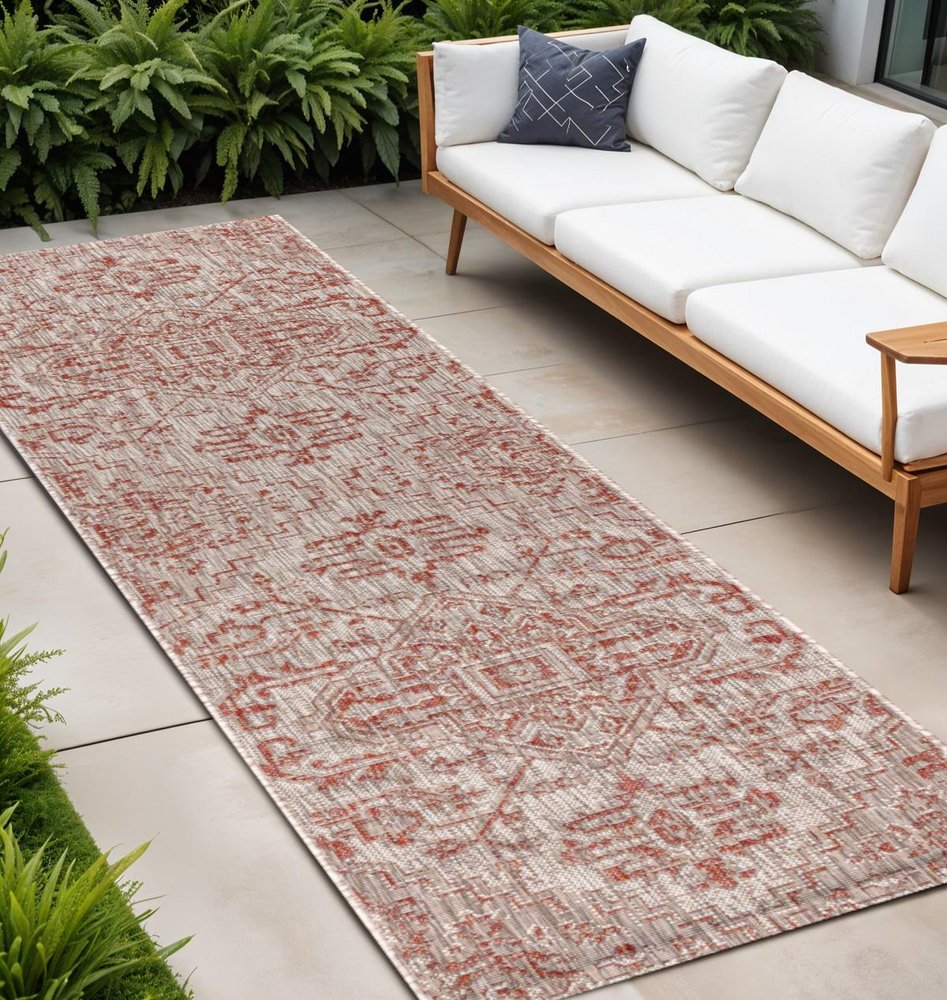 8' Red And Taupe Medallion Indoor Outdoor Runner Rug HomeRoots