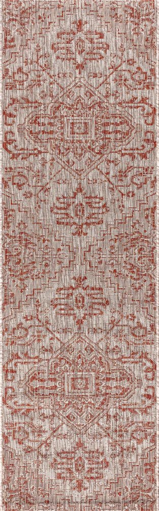 8' Red And Taupe Medallion Indoor Outdoor Runner Rug HomeRoots