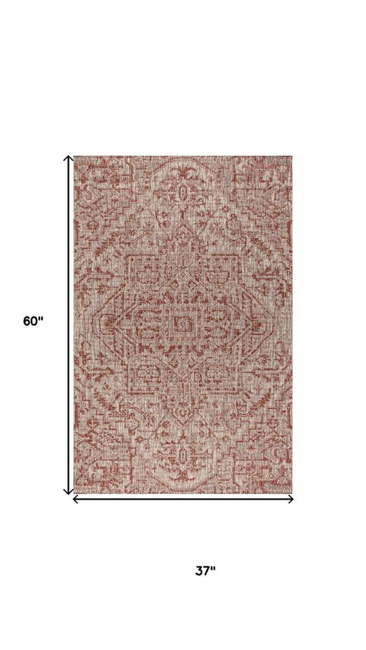 3' X 5' Red And Taupe Medallion Indoor Outdoor Area Rug HomeRoots
