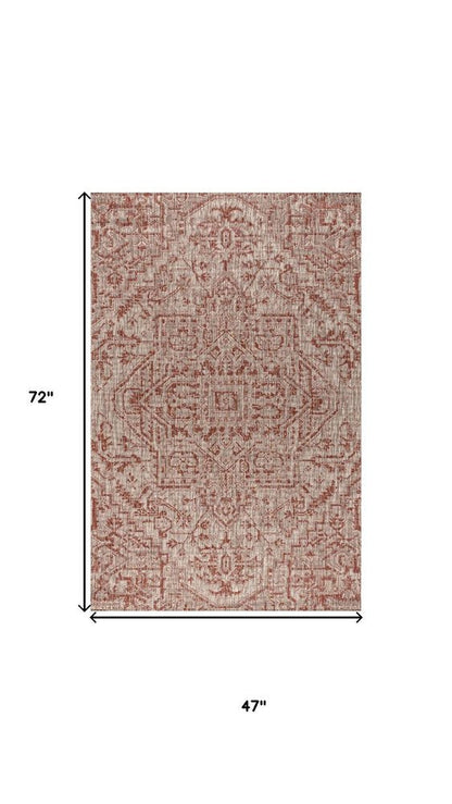 4' X 6' Red And Taupe Medallion Indoor Outdoor Area Rug HomeRoots