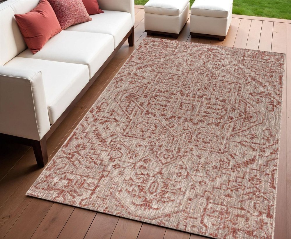 4' X 6' Red And Taupe Medallion Indoor Outdoor Area Rug HomeRoots