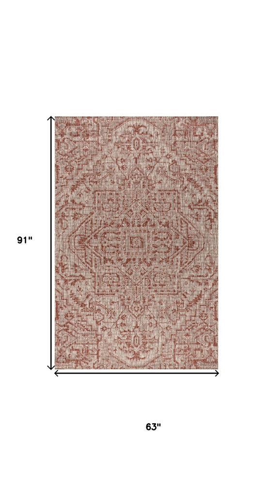 5' X 8' Red And Taupe Medallion Indoor Outdoor Area Rug HomeRoots