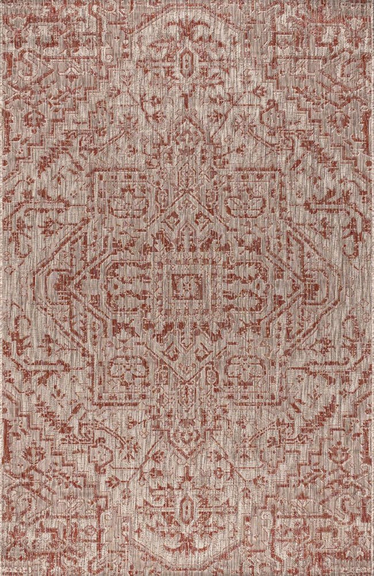 8' X 10' Red And Taupe Medallion Indoor Outdoor Area Rug