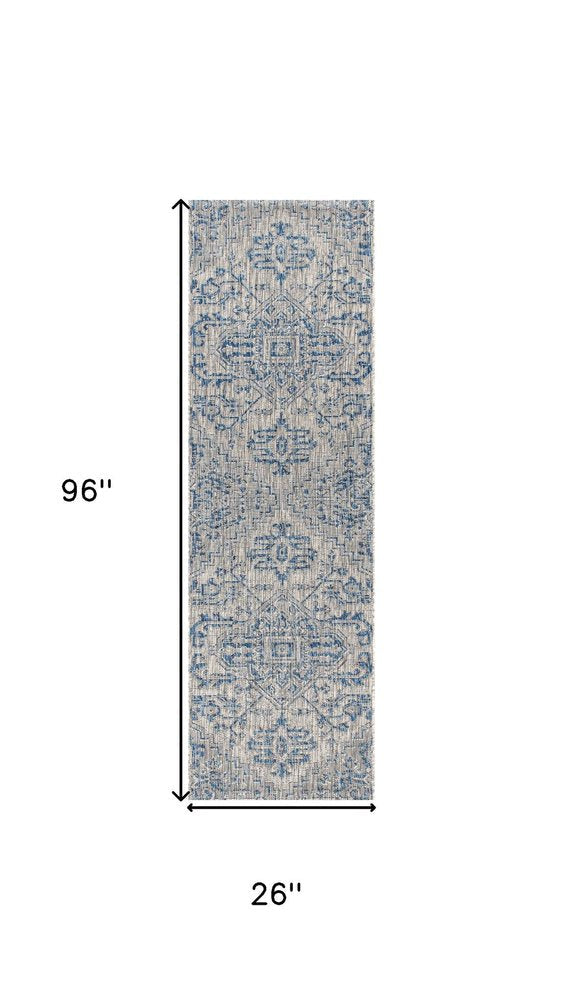 8' Navy Blue And Gray Medallion Indoor Outdoor Runner Rug HomeRoots
