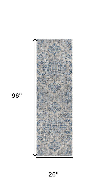 8' Navy Blue And Gray Medallion Indoor Outdoor Runner Rug HomeRoots