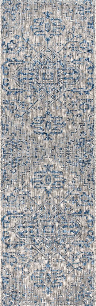 8' Navy Blue And Gray Medallion Indoor Outdoor Runner Rug HomeRoots