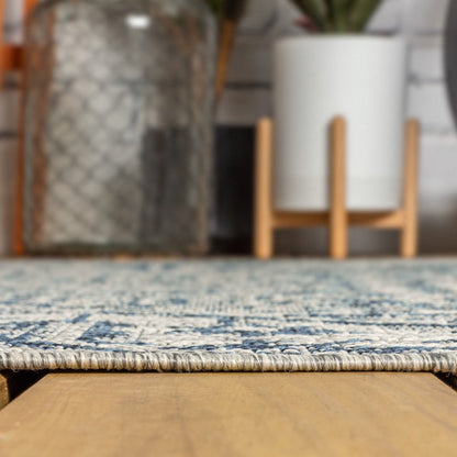 8' Navy Blue And Gray Medallion Indoor Outdoor Runner Rug HomeRoots