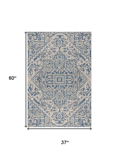 3' X 5' Navy Blue And Gray Medallion Indoor Outdoor Area Rug HomeRoots
