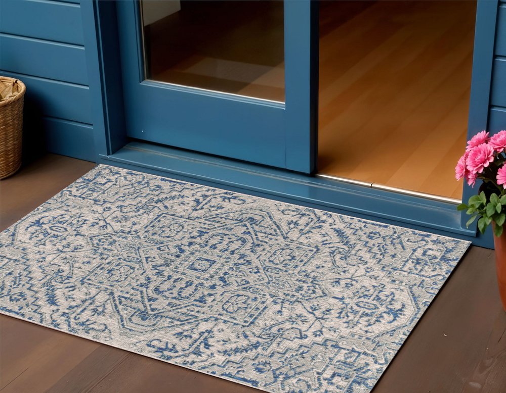 3' X 5' Navy Blue And Gray Medallion Indoor Outdoor Area Rug HomeRoots