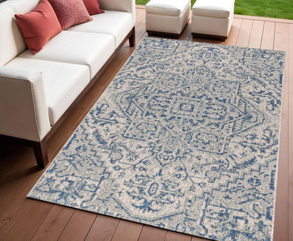 4' X 6' Navy Blue And Gray Medallion Indoor Outdoor Area Rug HomeRoots
