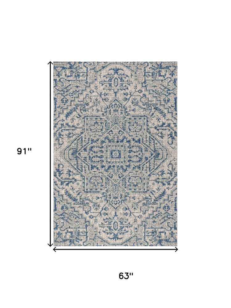 5' X 8' Navy Blue And Gray Medallion Indoor Outdoor Area Rug HomeRoots