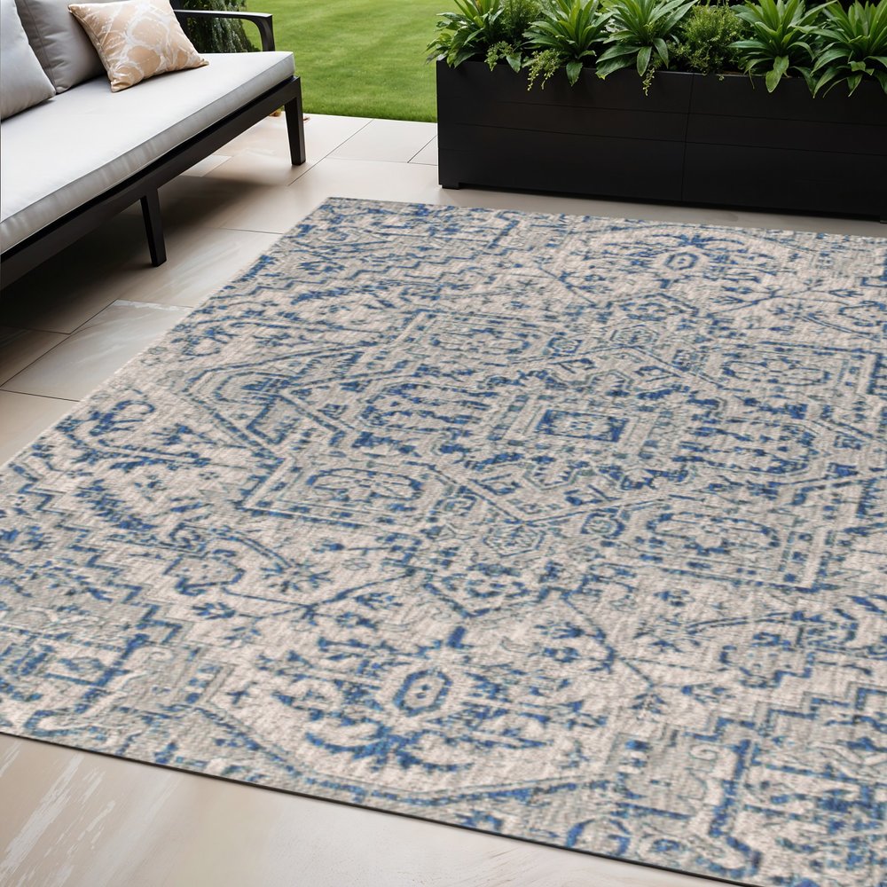 5' X 8' Navy Blue And Gray Medallion Indoor Outdoor Area Rug HomeRoots