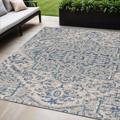 5' X 8' Navy Blue And Gray Medallion Indoor Outdoor Area Rug HomeRoots
