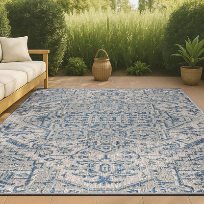 5' X 8' Navy Blue And Gray Medallion Indoor Outdoor Area Rug HomeRoots