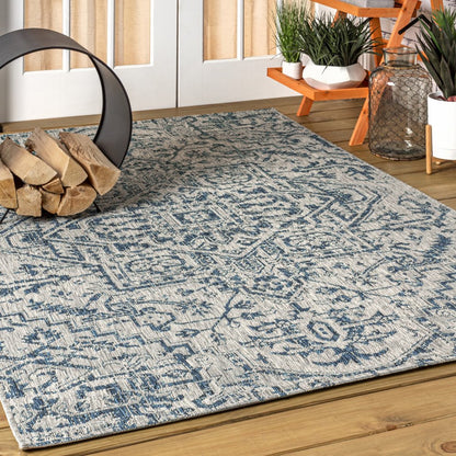 5' X 8' Navy Blue And Gray Medallion Indoor Outdoor Area Rug HomeRoots