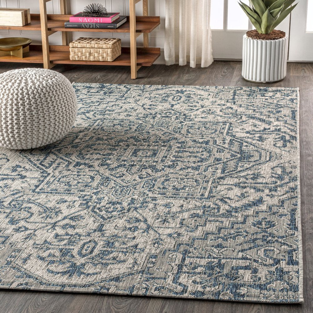 5' X 8' Navy Blue And Gray Medallion Indoor Outdoor Area Rug HomeRoots