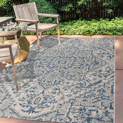 5' X 8' Navy Blue And Gray Medallion Indoor Outdoor Area Rug HomeRoots