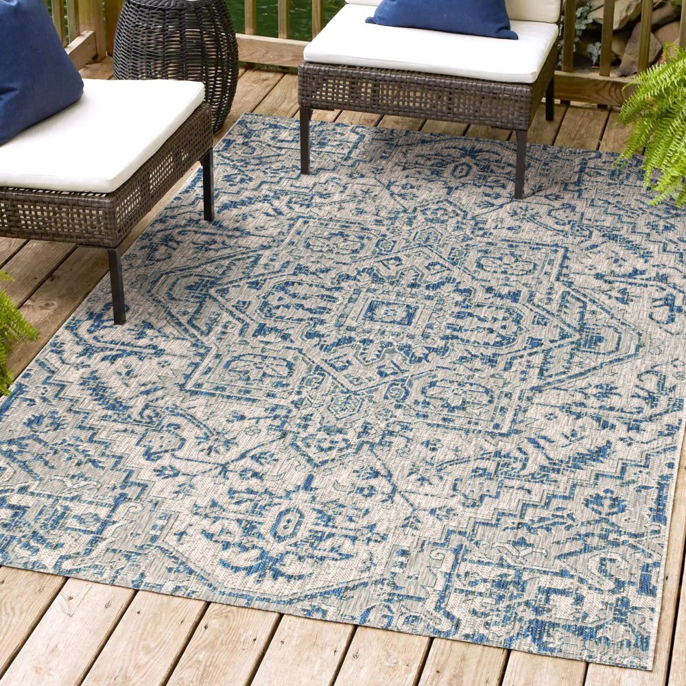 5' X 8' Navy Blue And Gray Medallion Indoor Outdoor Area Rug HomeRoots