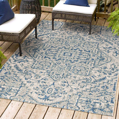 5' X 8' Navy Blue And Gray Medallion Indoor Outdoor Area Rug HomeRoots