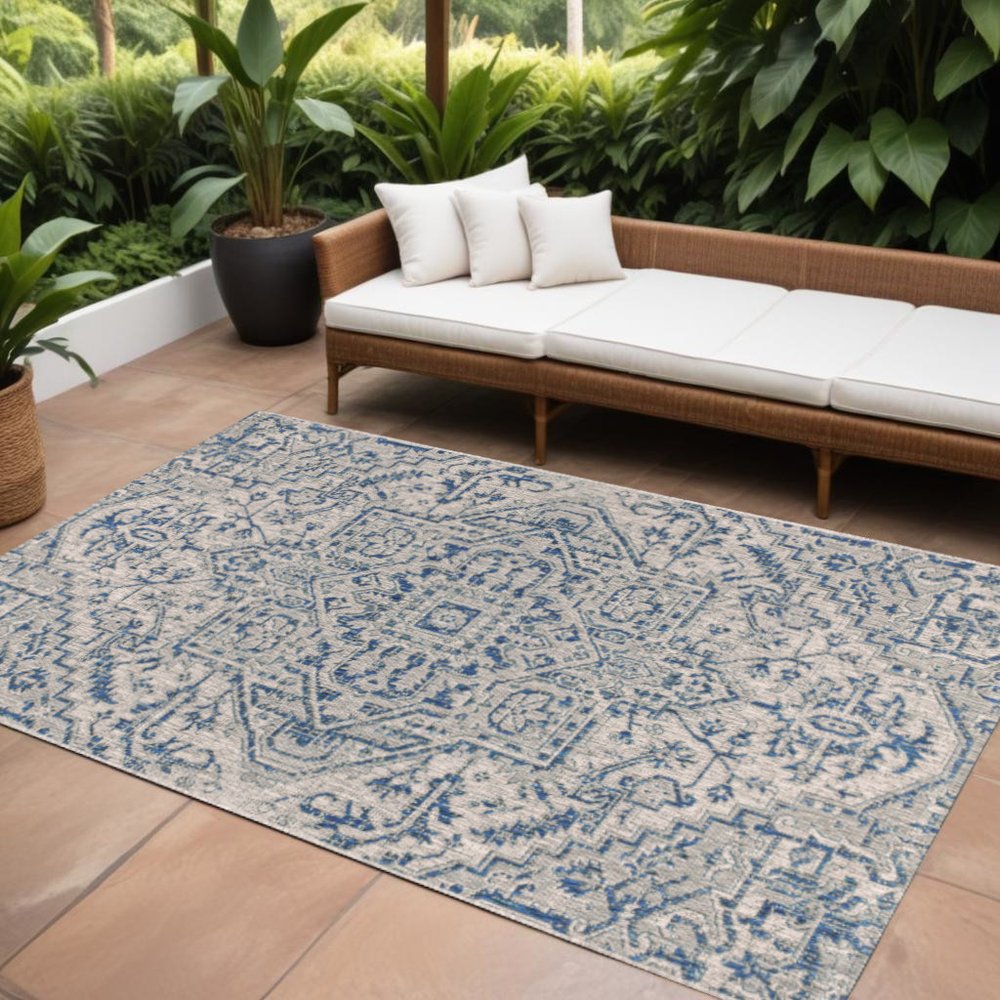 8' X 10' Navy Blue And Gray Medallion Indoor Outdoor Area Rug HomeRoots