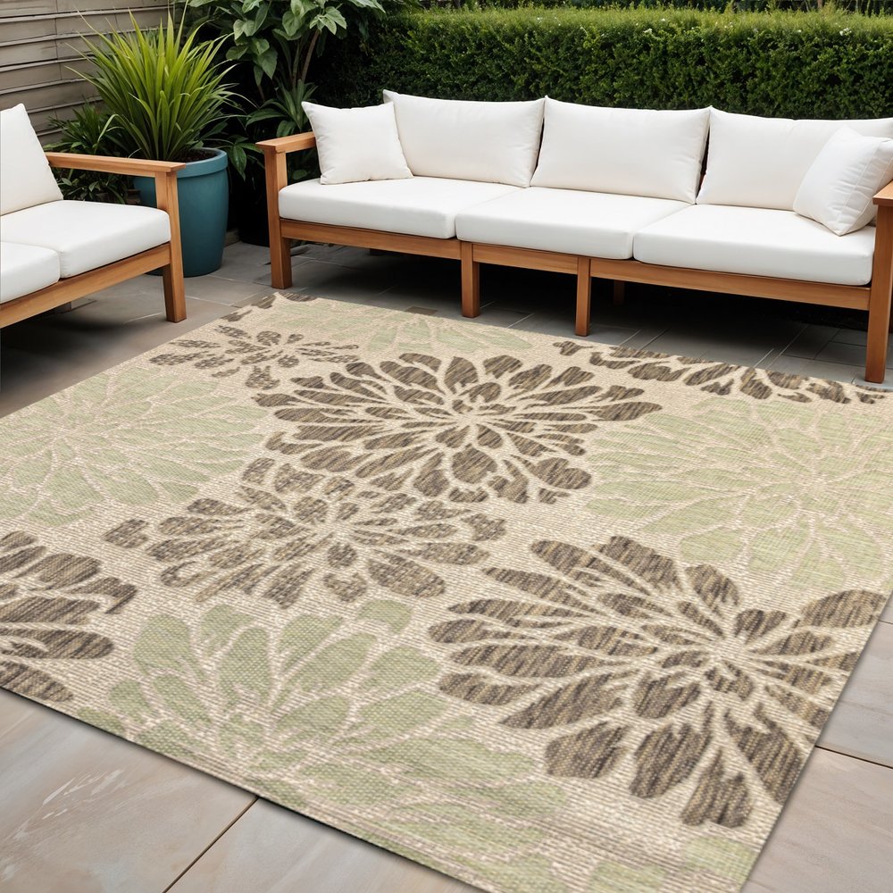8' Sage And Brown Square Floral Indoor Outdoor Area Rug