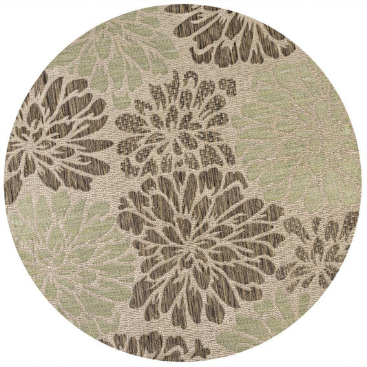 9' Sage And Brown Round Floral Indoor Outdoor Area Rug