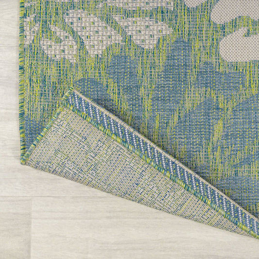 4' Cream And Green Square Floral Indoor Outdoor Area Rug