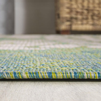 4' Cream And Green Square Floral Indoor Outdoor Area Rug