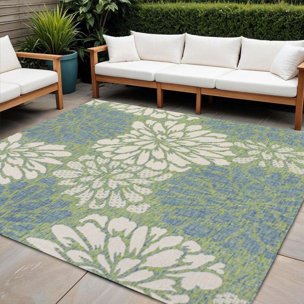 8' Cream And Green Square Floral Indoor Outdoor Area Rug HomeRoots