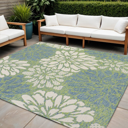 8' Cream And Green Square Floral Indoor Outdoor Area Rug HomeRoots