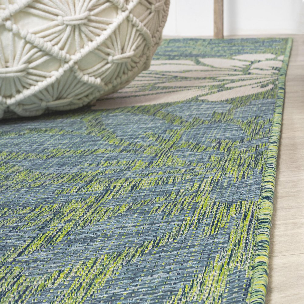 8' Cream And Green Square Floral Indoor Outdoor Area Rug — view 5