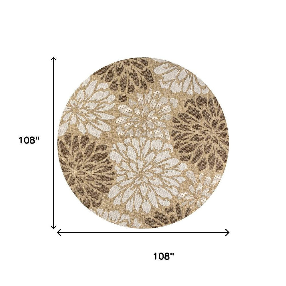 9' Brown And Cream Round Floral Indoor Outdoor Area Rug — view 6