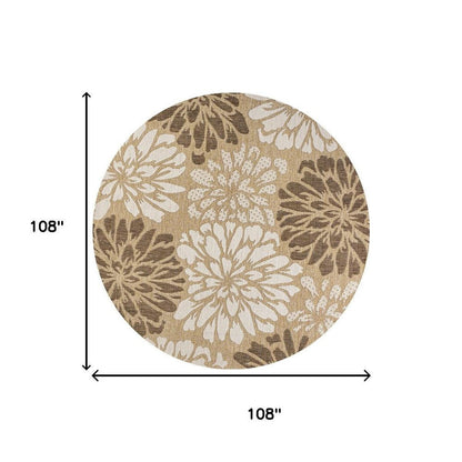 9' Brown And Cream Round Floral Indoor Outdoor Area Rug