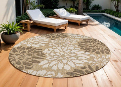 9' Brown And Cream Round Floral Indoor Outdoor Area Rug