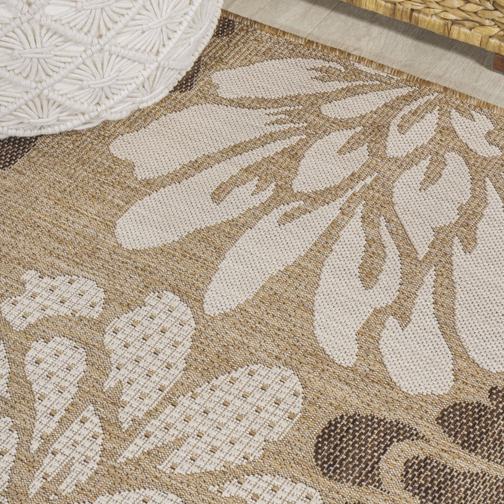 9' Brown And Cream Round Floral Indoor Outdoor Area Rug — view 4