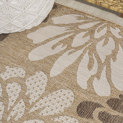 9' Brown And Cream Round Floral Indoor Outdoor Area Rug
