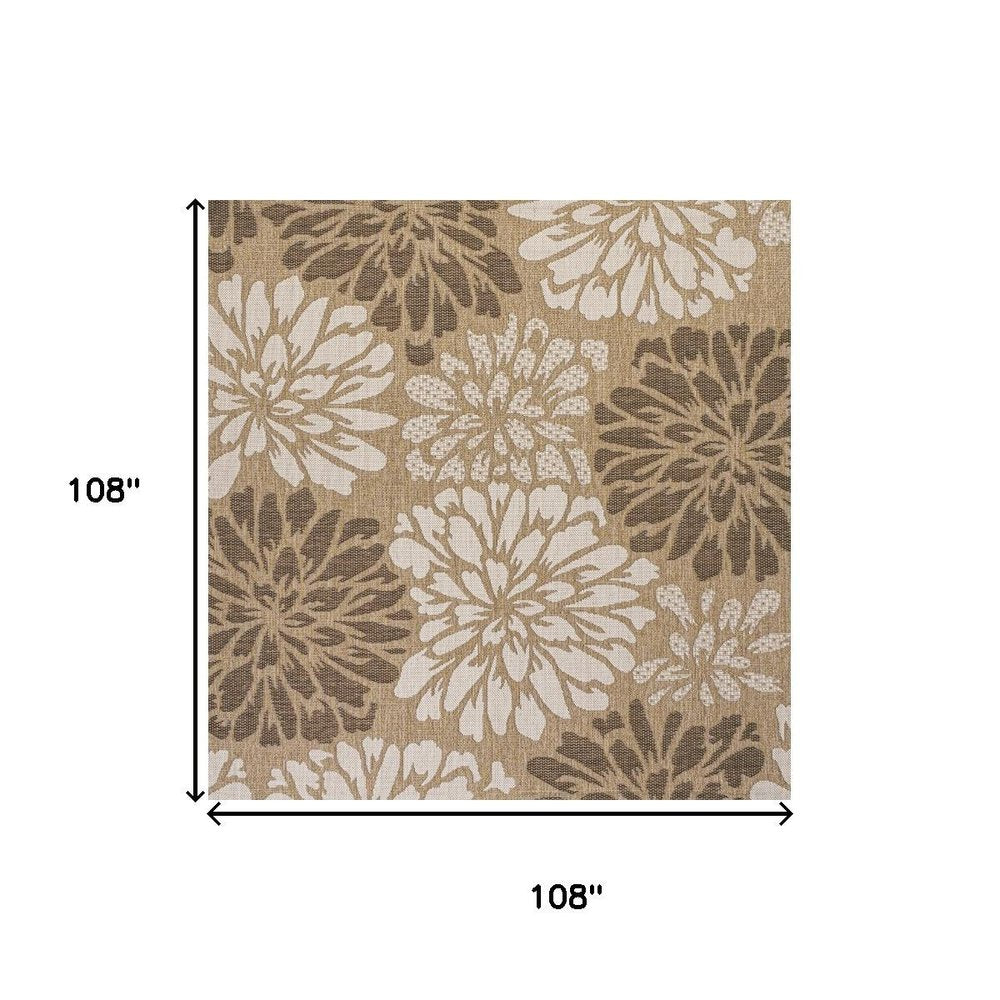 9' Brown And Cream Square Floral Indoor Outdoor Area Rug — view 6